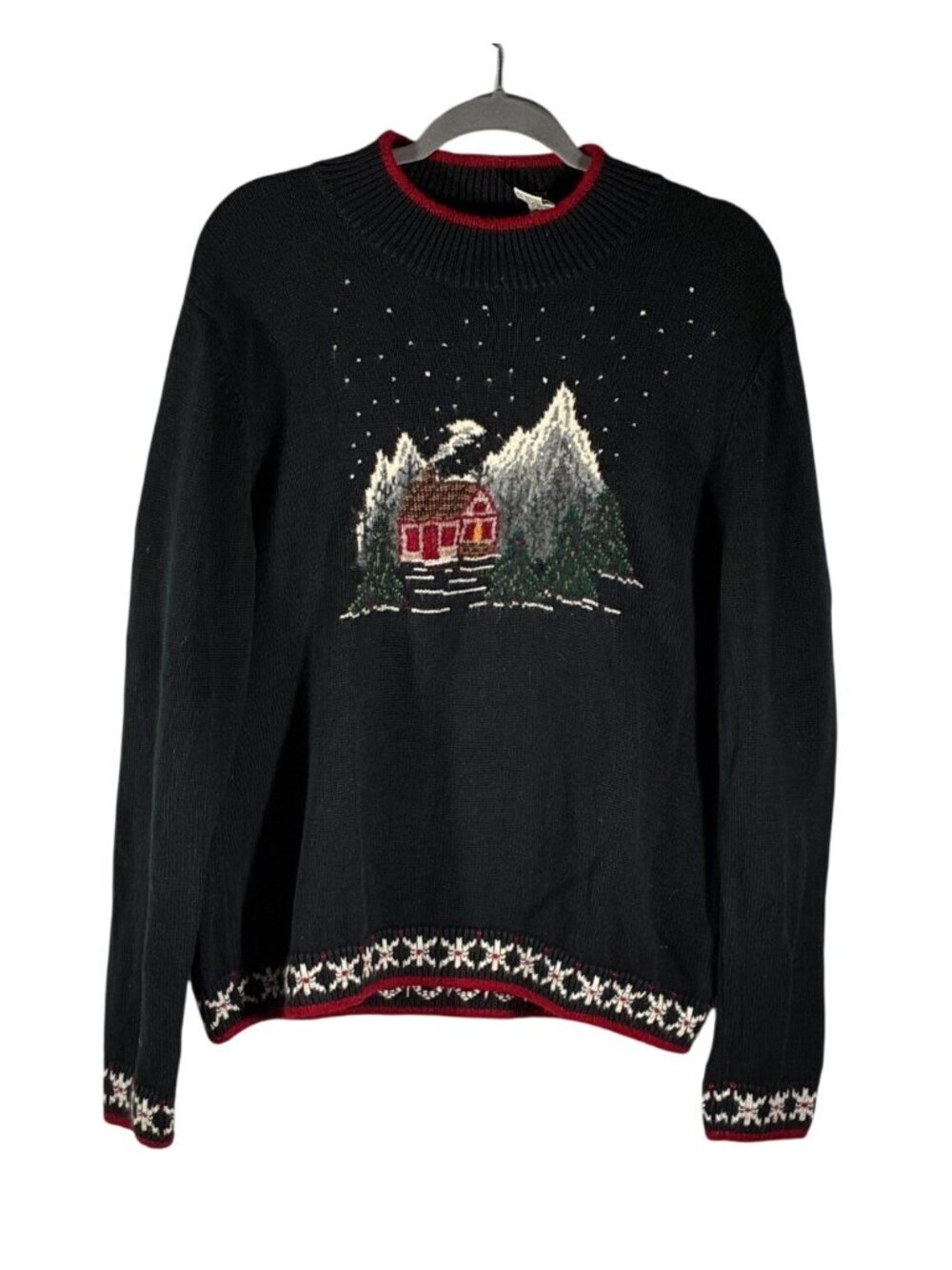Orvis vintage Black Christmas Sweater intarsia Cabin Scene & Snowflake Trim L